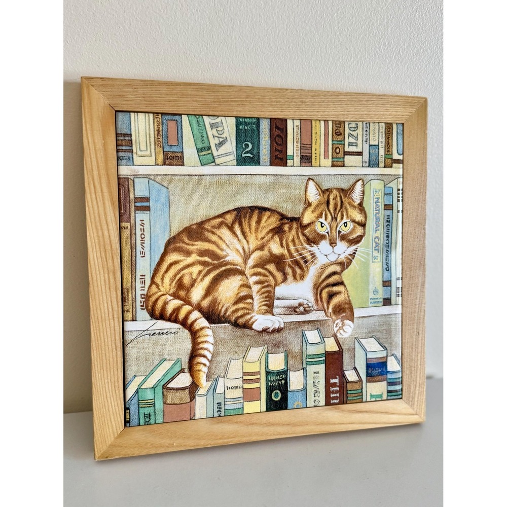 Vintage Lowell Herrero Cat Tile Art | Large 9" square | 1982 Vandor Framed Decor